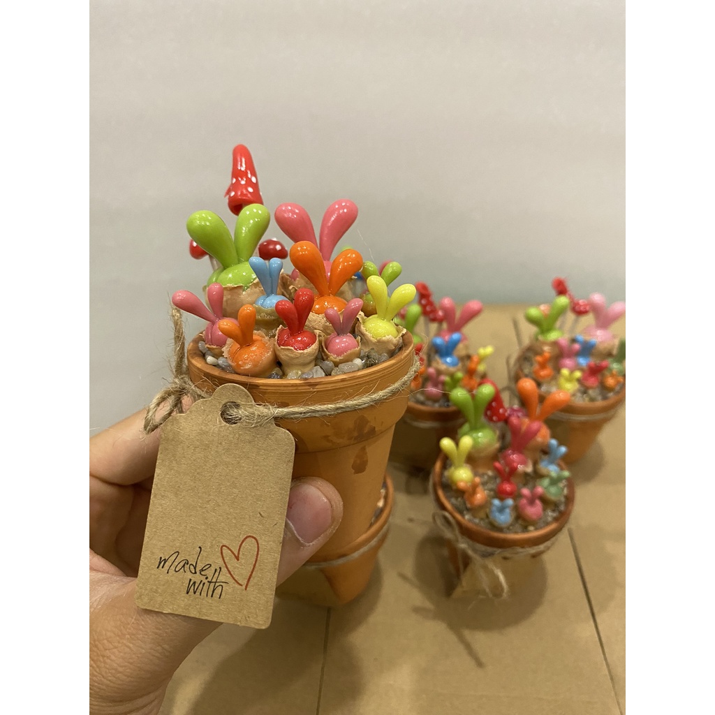 Chậu sen đá tai thỏ từ đất sét, Cây giả, Kèm hộp quà