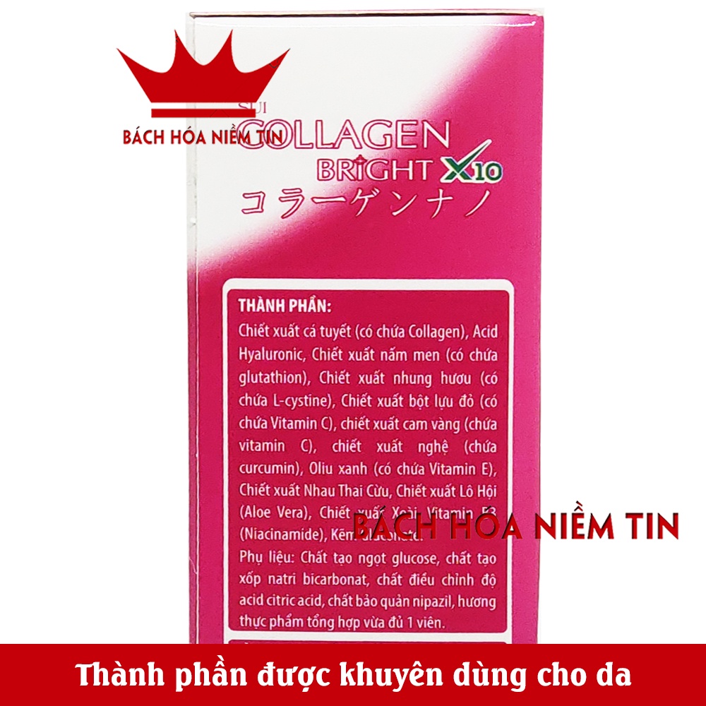 Sủi Collagen Bright X10 giúp đẹp sáng mịn da, ngăn ngừa lão hóa, giảm thâm sạm nám da - Tuýp 20 viên