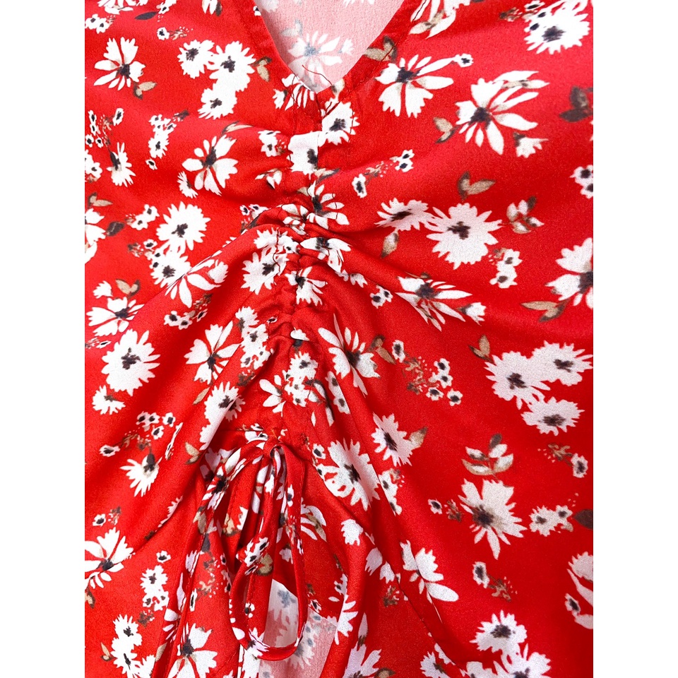 Áo croptop đỏ hoa nhí thắt nơ eo tqxk