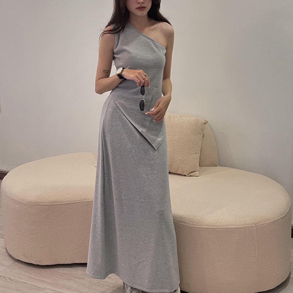 Set áo xẻ tà và chân váy suông MARGOT chất liệu cotton gân màu đen/xám