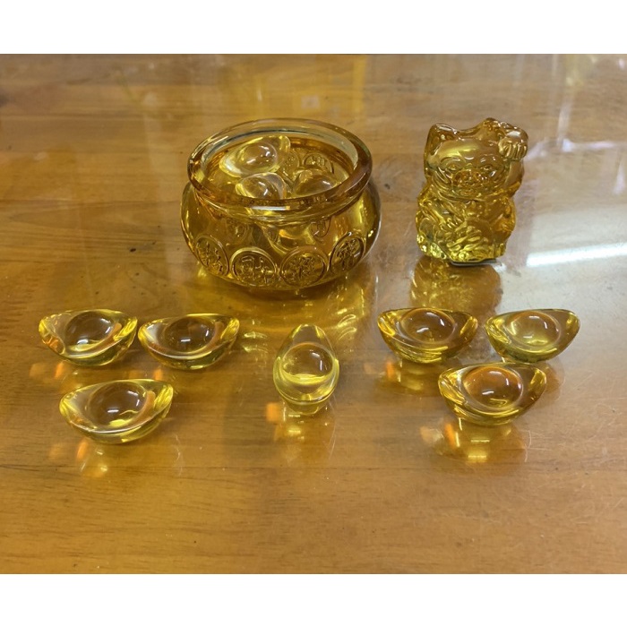 Hũ vàng bát tụ bảo bồn thần tài 10cm + 7 thỏi vàng 4cm + Tượng mèo 7cm, phong thủy chiêu tài lộc