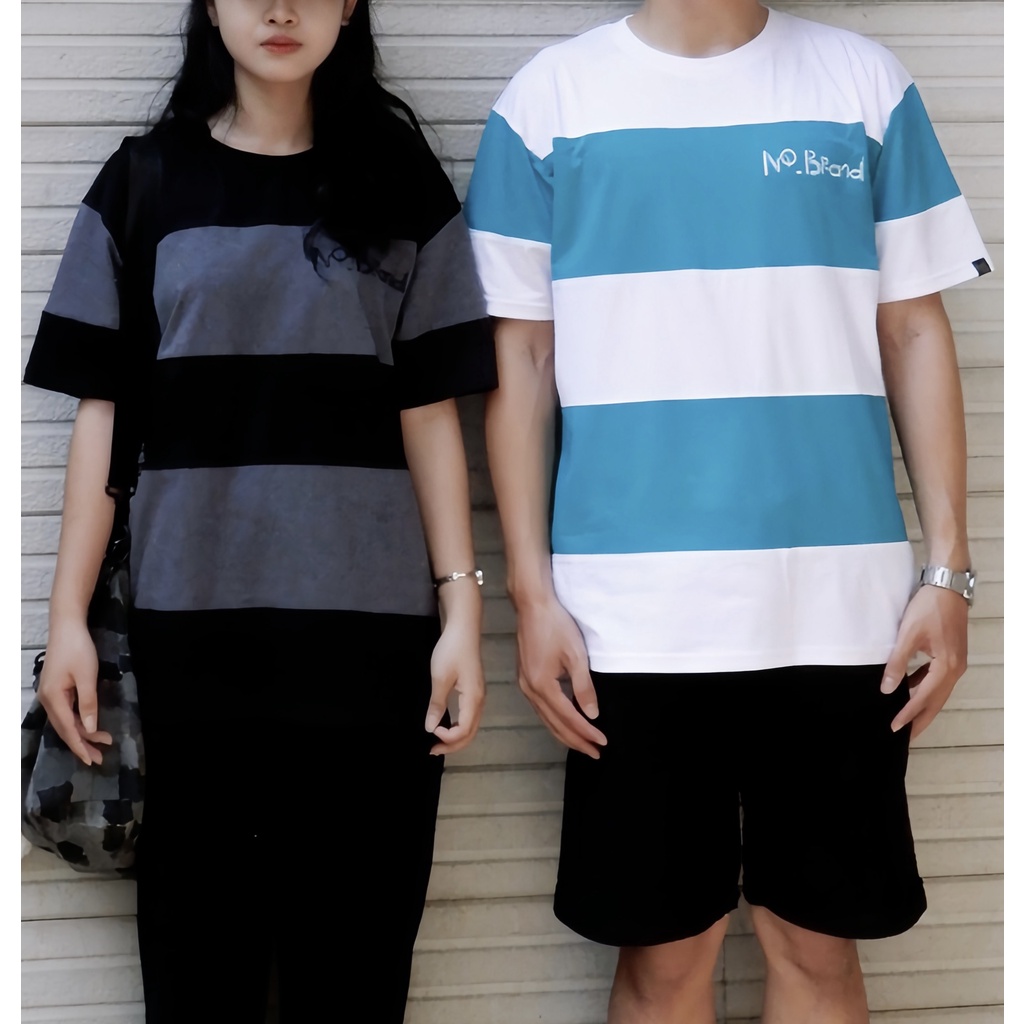 Áo thun NO BRAND unisex form rộng phối sọc ngang 2 màu chất liệu cotton