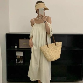 Váy tơ hai dây trễ vai tay bồng hai lớp dáng xuông dài phong cách Vintage Hàn Quốc-SinNa