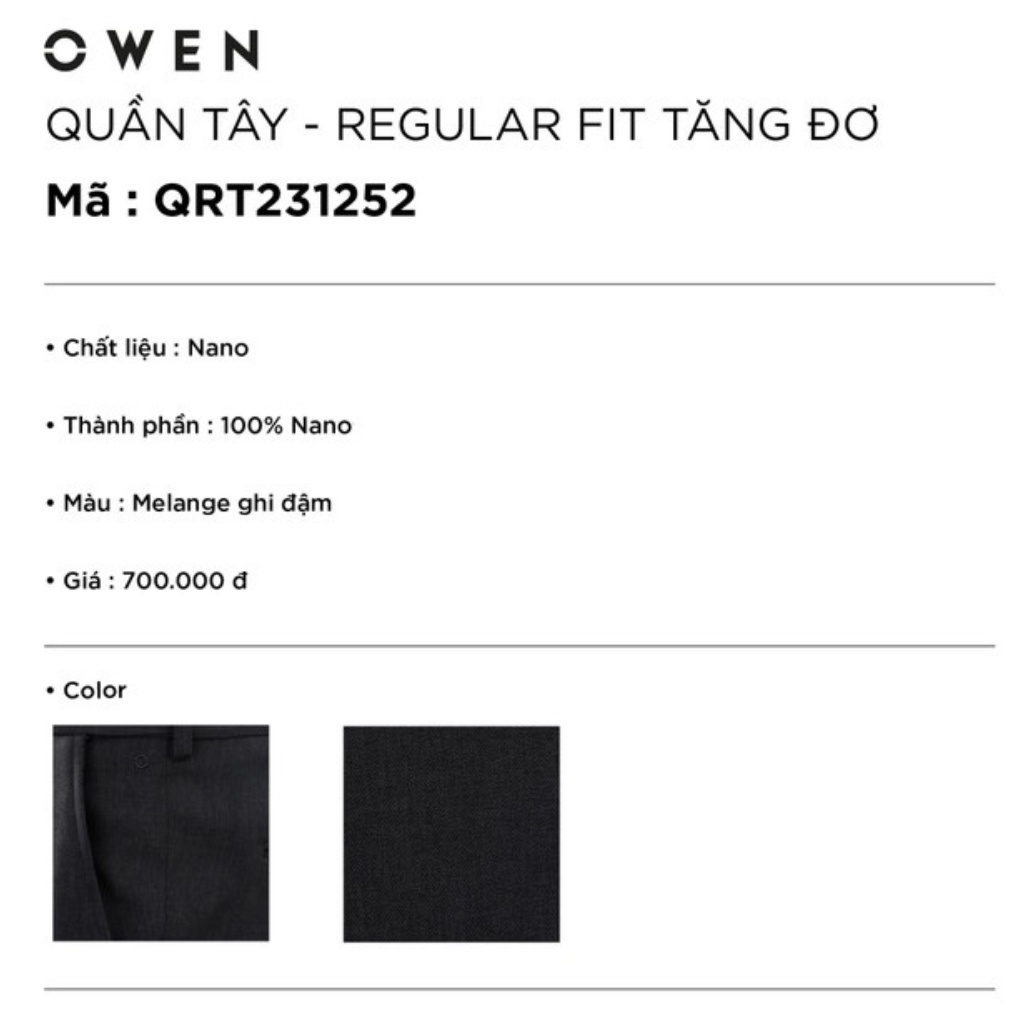 Quần âu tây nam công sở cao cấp OWEN QRT231252 dáng regular fit ống đứng cạp chun màu melange ghi đậm vải nano mềm mát