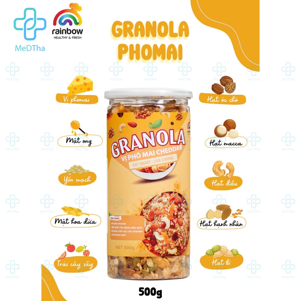 Ngũ Cốc Granola Siêu Hạt RAINBOW Hương Vị Phô Mai Cheddar - Ngũ Cốc Ăn Kiêng, Bổ Sung Dinh Dưỡng, Hỗ Trợ Giảm Cân (500g)