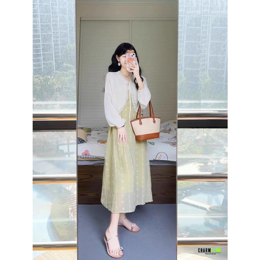 Set Đầm 2 Dây Xanh + Áo Cardigan Trắng