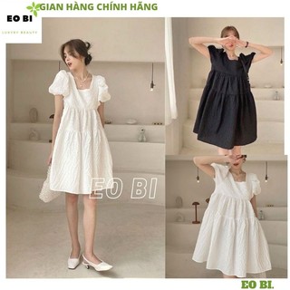 Váy cổ vuông tay bồng - Đầm babydoll nữ công chúa nơ sau chất gấm sốp tiều thư bánh bèo vintage ulzzang - EOBI