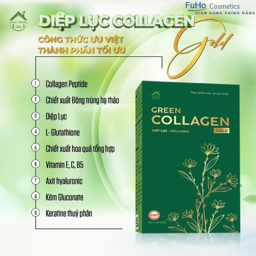 Diệp lục collagen gold mẫu mới, hộp 30 gói, xóa mờ nám, tàn nhang, giảm mụn Fuhocometics | BigBuy360 - bigbuy360.vn