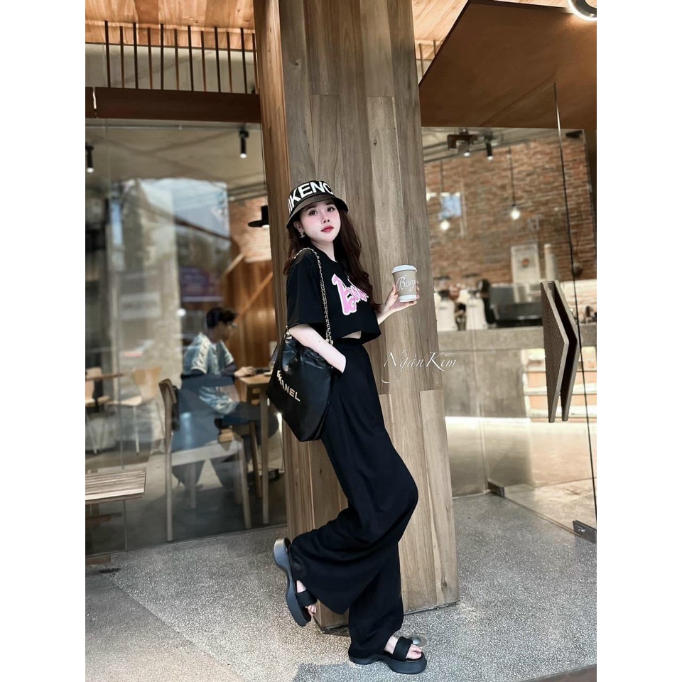 [4.4 Sales Freeship] Set bộ thun thể thao, set áo croptop tay ngắn in chữ babrie  mix quần dài ống suông rộng cá tính