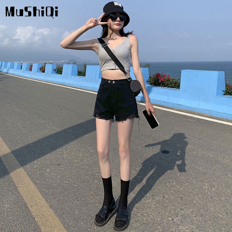 Quần Short Denim Lưng Cao Ống Rộng Phong Cách Hàn Quốc Dành Cho Nữ