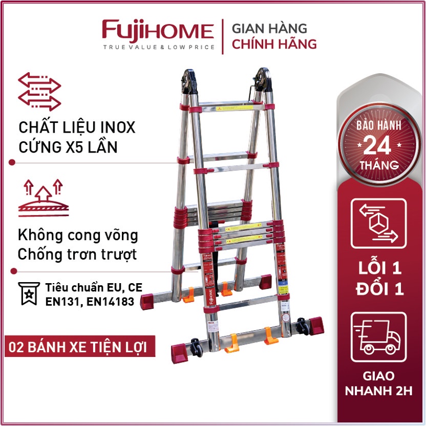 Thang inox rút chữ A Nhập Khẩu 4,4M - 5,6M gấp gọn chính hãng FUJIHOME, thang rút đôi đa năng xếp gọn gia đình