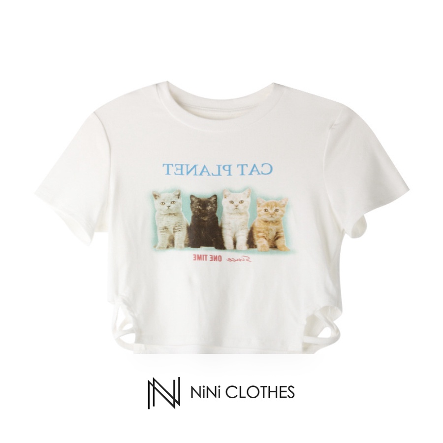 Áo croptop thun nữ tay ngắn hoạ tiết chú mèo màu trắng mỏng mùa hè áo croptop ôm eo hình mèo