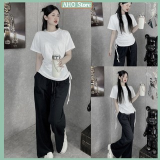 Bộ đồ nữ áo phông nữ trơn rút eo 2 bên mix quần dài cạp chun dáng suông freesize
