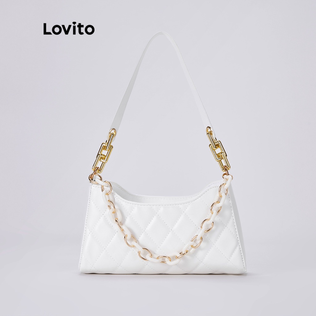 Túi đeo vai Lovito bằng vải chần hoạ tiết kim cương giản dị phối dây xích phong cách cổ điển L30BA12 (màu khaki / trắng / đen)