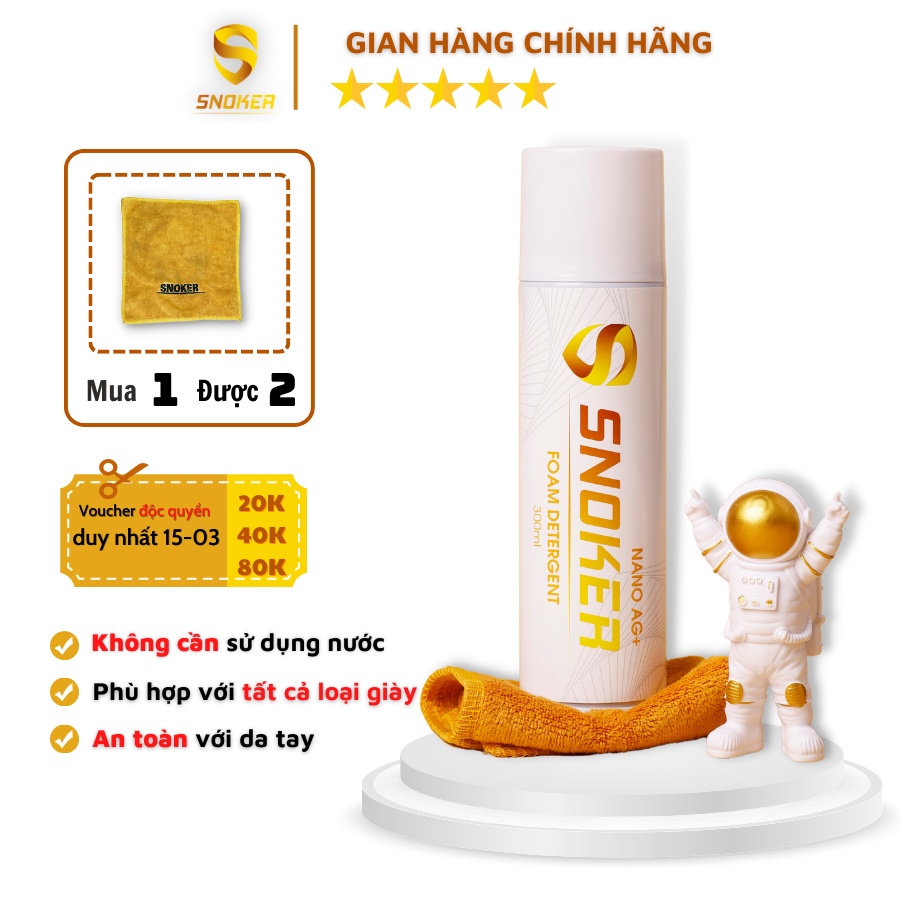 Chai Xịt Tạo Bọt Vệ Sinh Giày SNOKER 300ml, TẶNG KÈM KHĂN, không cần sử dụng nước, phù hợp cho cả giày da lộn và giày vả