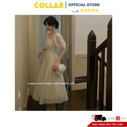 Đầm tiểu thư COLLAR tay chun bồng ngực xếp ly dáng midi vải voan 2 lớp phong cách nữ hàn quốc