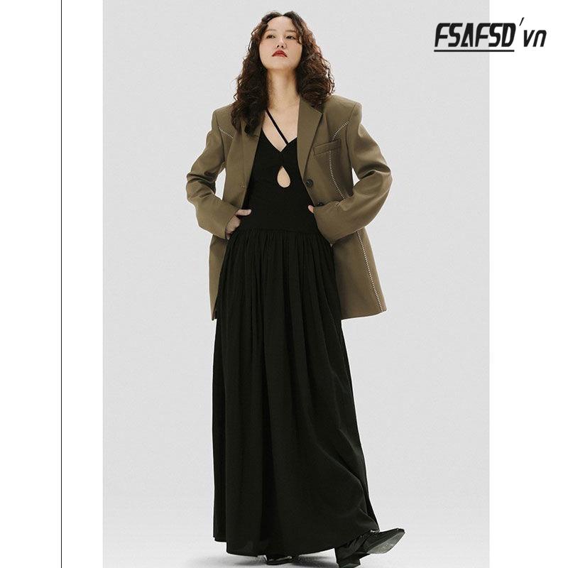 Đầm Thể Thao Dệt Kim Màu Đen Cổ Chữ V Năng Động Thời Trang Theo Phong Cách Pháp