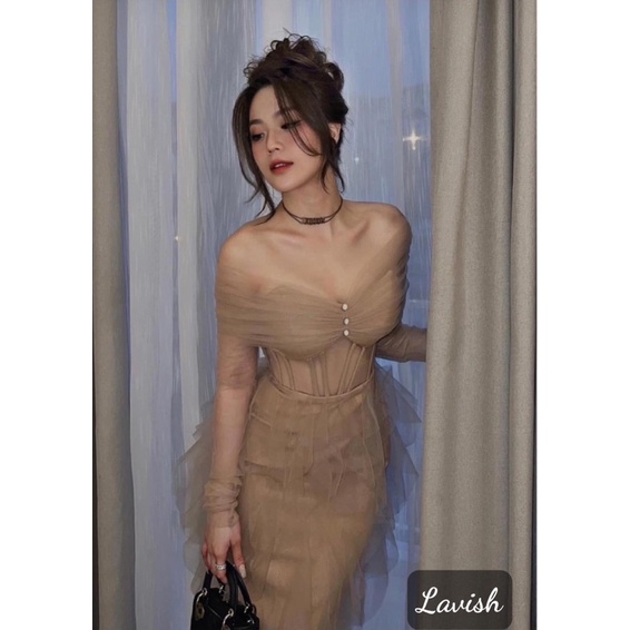 ĐẦM VOAN DÀI TAY NÂU