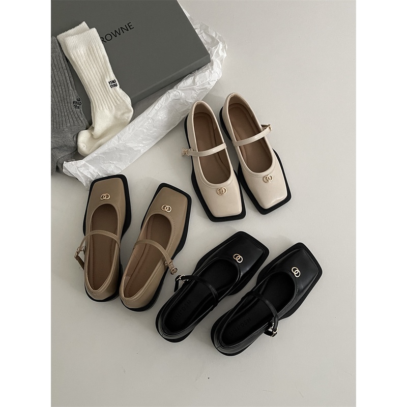 Giày Búp Bê Da Cao Cấp Mũi Vuông Miệng Nông Kiểu Retro Pháp Thời Trang 2023 Cho Nữ