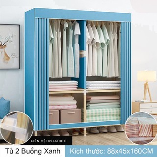 Tủ vải khung gỗ vuông 2 buồng màu xanh 88x45x160cm - treo được đồ dài - hoàn tiền 100%