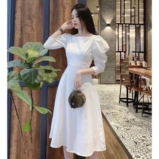 Đầm dự tiệc trắng cổ thuyền tay phồng
