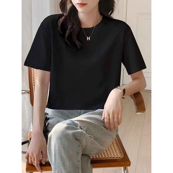 Áo thun croptop trơn dáng rộng, cơ bản tay ngắn cổ tròn 581 FIORI STORE