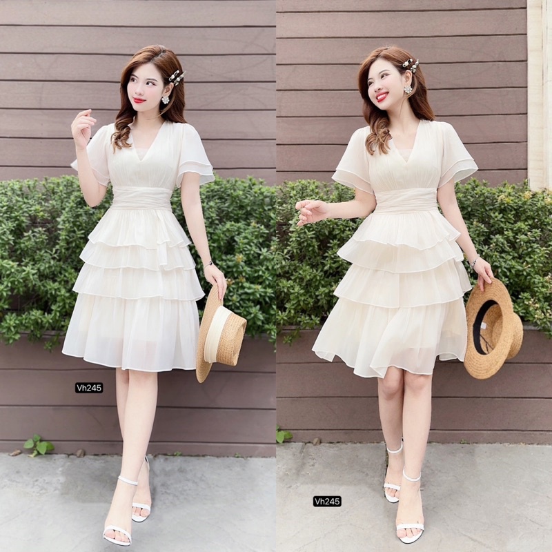 Đầm dự tiệc cổ tim bốn tầng phong cách tiểu thư sang chảnh