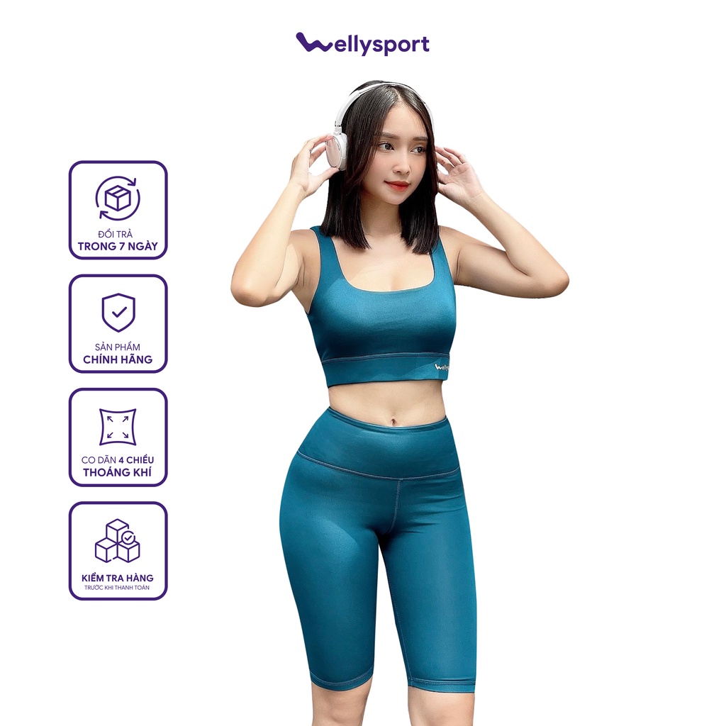 Set Đồ Tập Yoga Nữ, Áo Bra Thể Thao 2 Dây, Quần Legging Đùi Lưng Cao, Màu Xanh Teal, Welly Sport, Mã DLC