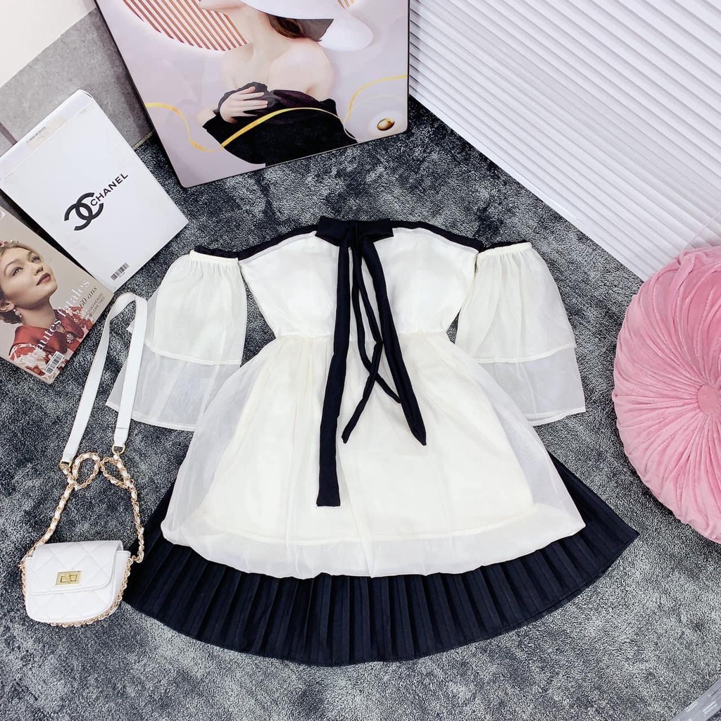 Mua Set váy nữ gồm áo trễ vai dáng babydoll vải voan tơ 2 lớp có thắt ...