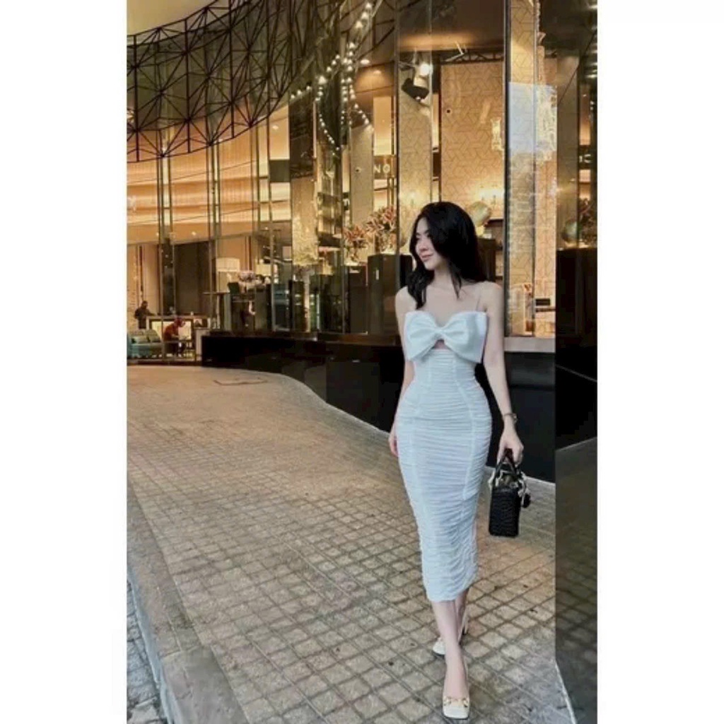 Đầm 2 dây body nhún  nơ ngực fom chuẩn tôn dáng