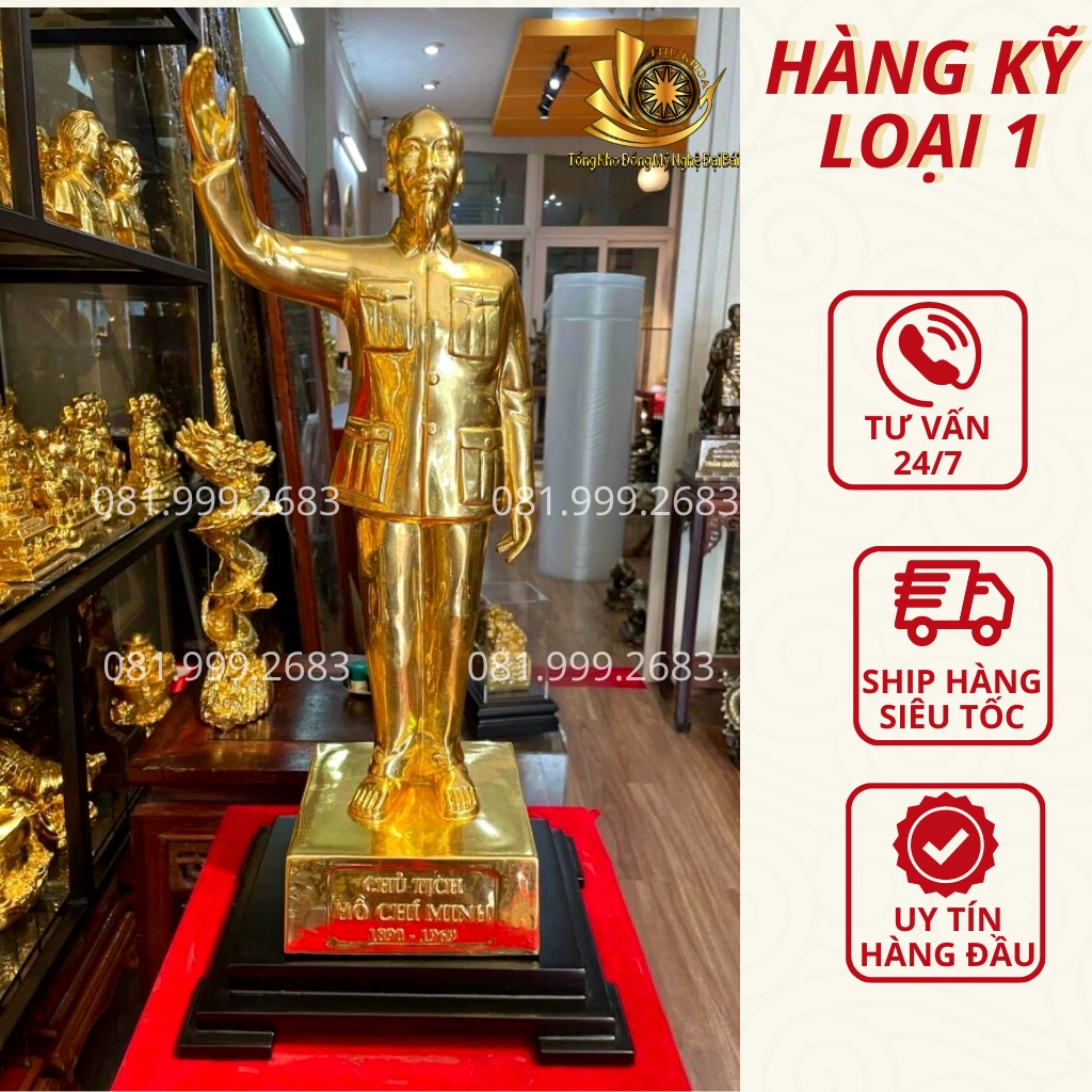 Tượng Bác Hồ Tượng Đồng Bác Đứng Vẫy Tay Chào Cao 50cm Dát V.àng 24K