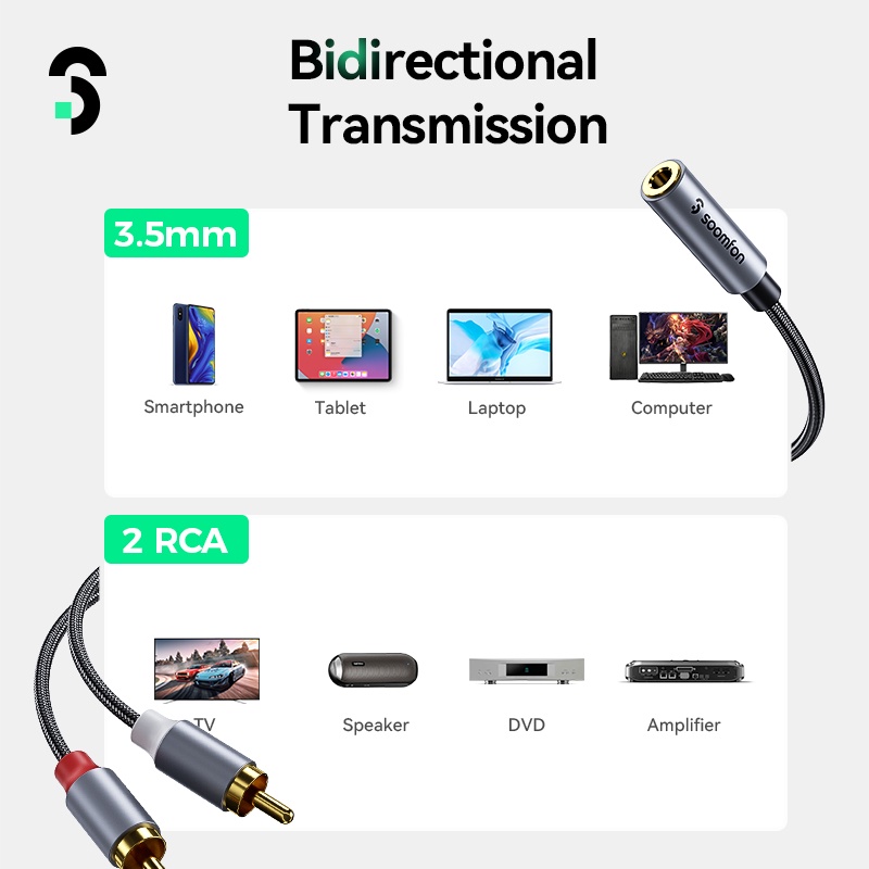 Cáp Âm Thanh SOOMFON 3.5mm Sang 2 RCA Mạ Vàng 24K Chất Lượng Cao
