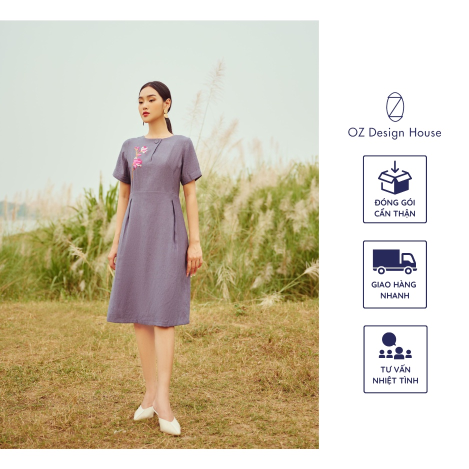 Đầm nữ OZ Design House DA12166AUT22 viscose cổ tròn chiết eo thêu hoa mộc lan màu tím nhạt