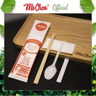 8️⃣0️⃣ set đũa gỗ - thìa nhựa-tăm-giấy ăn bọc giấy cao cấp- nhãn hiệu mechon