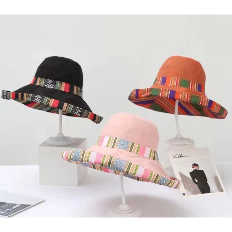 NÓN MŨ VẢI VÀNH RỘNG 2 MẶT KAKI KIỂU THỔ CẨM