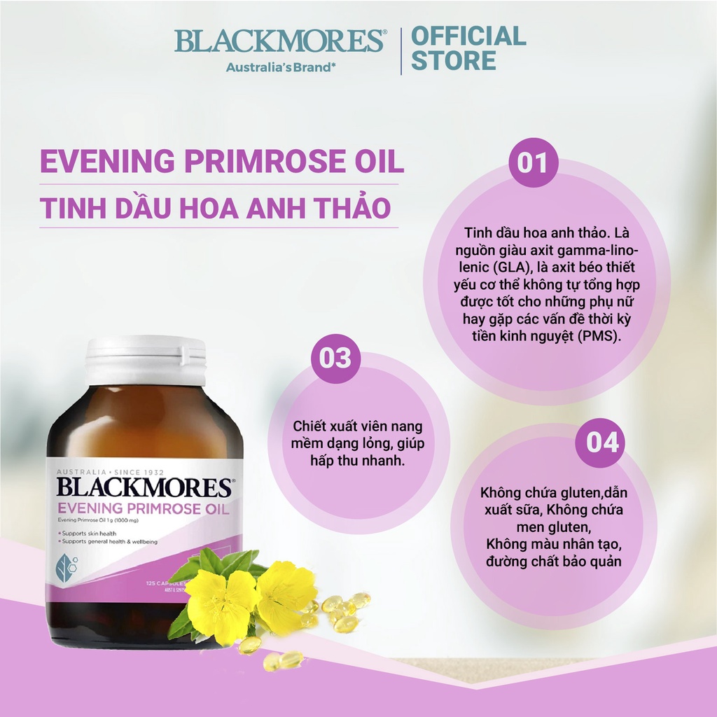 Tinh dầu hoa anh thảo Blackmores Evening Primrose Oil 125 viên điều hòa nội tiết tố giúp đẹp da tóc
