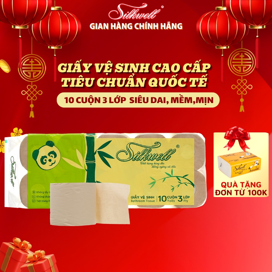 Giấy vệ sinh gấu trúc Silkwell 10 cuộn 3 lớp có lõi không tẩy trắng chính hãng