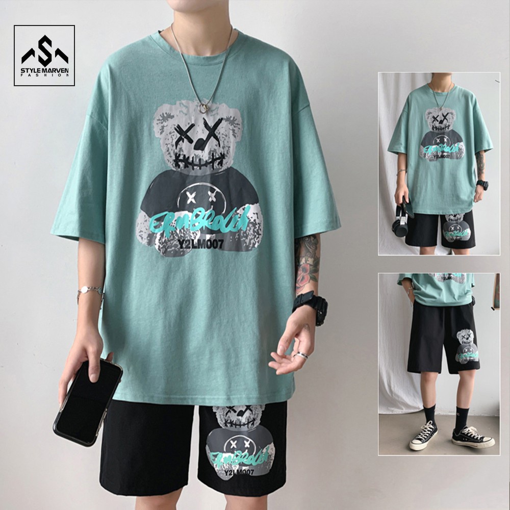 Bộ quần áo thun nam tay lỡ STYLE MARVEN cổ tròn hình gấu trẻ trung dễ thương - SET NAM 90000163