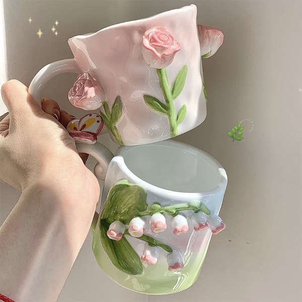 Cốc Uống Nước Dập Nổi Họa Tiết Hoa Tulip Bằng Gốm Sứ Cao Cấp Phong Cách ins