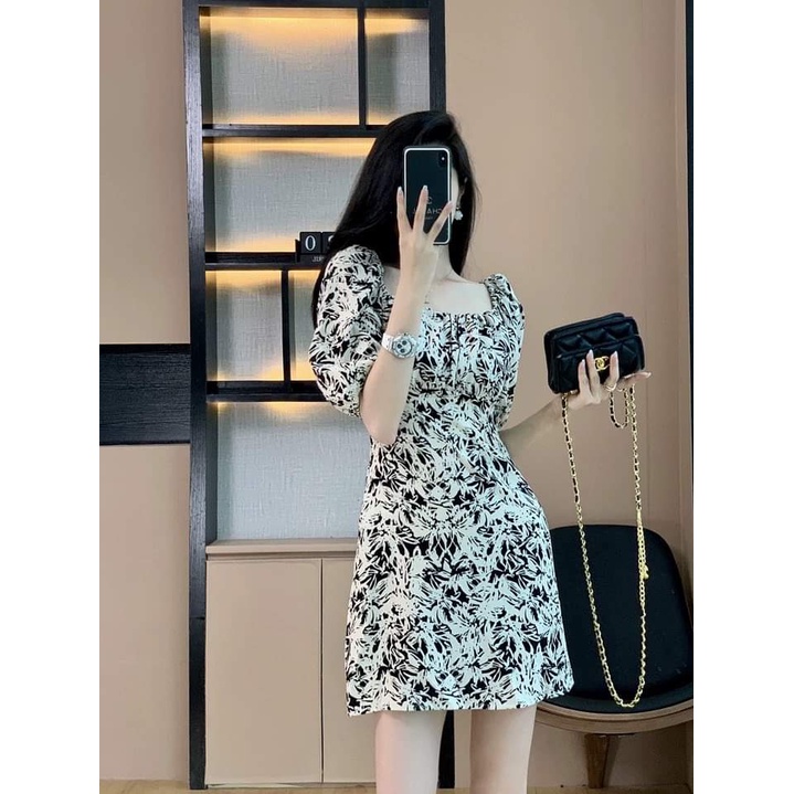 Váy hoa cổ chữ U, Đầm hoa hàng Quảng Châu dáng dài phong cách ngọt ngào - VH5