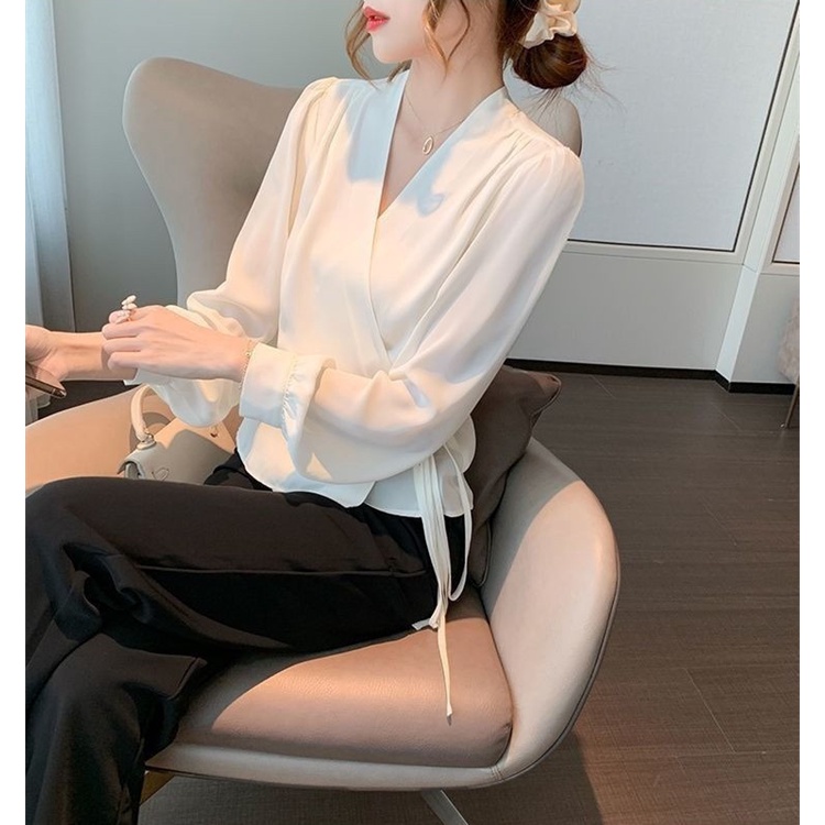 IVSD Women's Elegant Chiffon Tops V Neck Wrap Strappy Belt Blouses