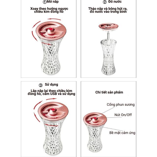 Máy xông tinh dầu phòng ngủ phun sương tạo độ ẩm mini tích hợp đèn ngủ pha lê 7 màu trang trí độc đáo - Thế giới đèn X6