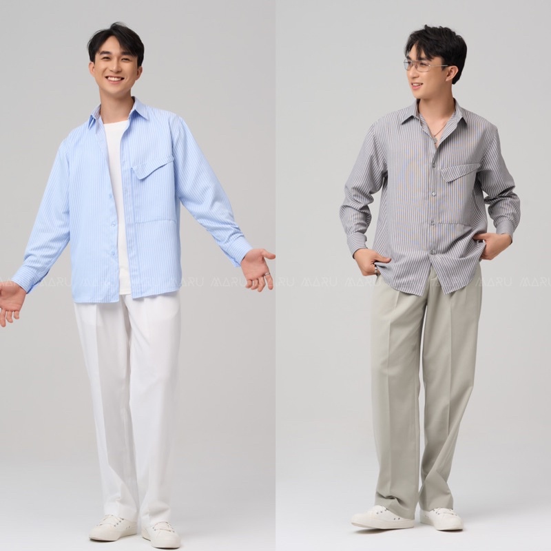 ÁO SƠ MI MARU SỌC TAY DÀI FORM BASIC. DIGO SHIRT SỌC XANH VÀ SỌC XÁM.