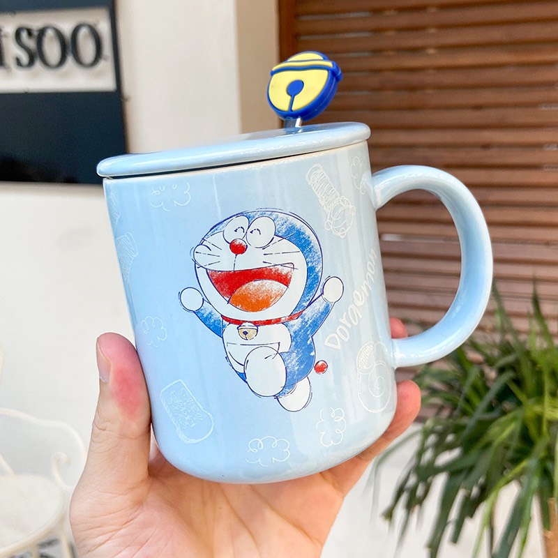 Cốc sứ,ly sứ 350ml hoạt hình DORAEMON kèm nắp + thìa kute