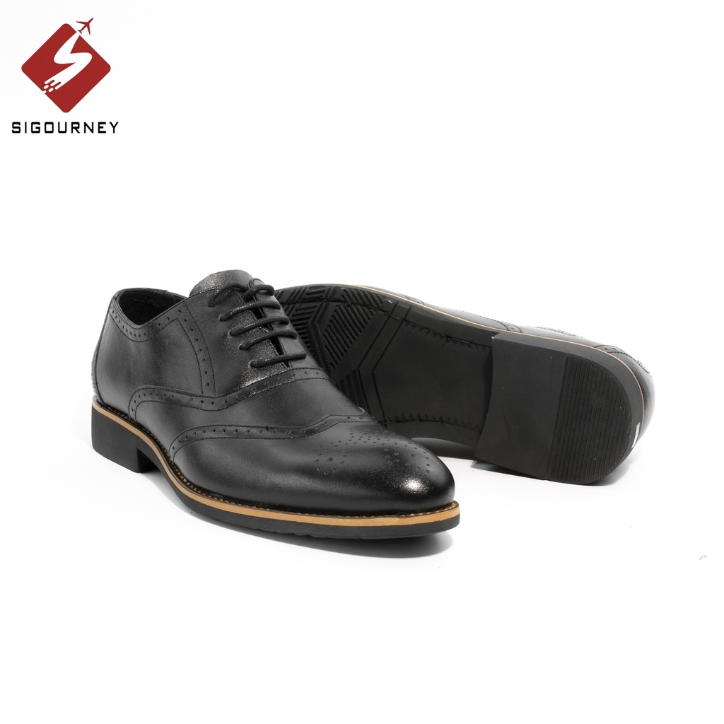 Giày Tây Nam Da Bò Cao Cấp Kiểu Dáng Oxford Brogues Đục Lỗ SIGOURNEY Màu Đen Sang Trọng SIG-36 Bảo Hành 18 Tháng