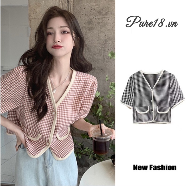 Áo ngắn tay nữ cổ V kẻ caro phối viền giả túi cực xinh