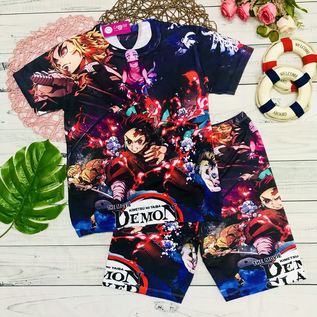 Đồ bộ bé trai, bộ thun lạnh cộc tay in hình Thanh gươm diệt quỷ Kimetsu No Yaiba từ 10kg - 60kg