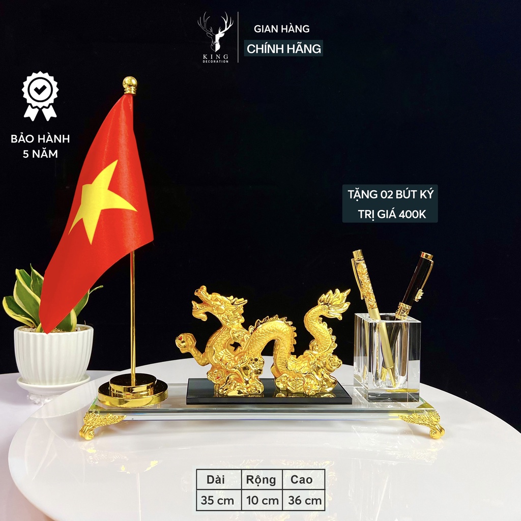 Hộp Đựng Bút Doanh Nhân Rồng Nhả Ngọc có cờ, Chất Liệu Đồng Mạ Vàng và Pha Lê K9, Quà Lưu Niệm, Hộp Bút Để bàn