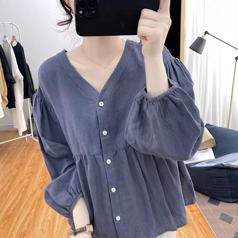Áo sơ mi KAMAKA linen dài tay cổ V kiểu bo tay - NU8458