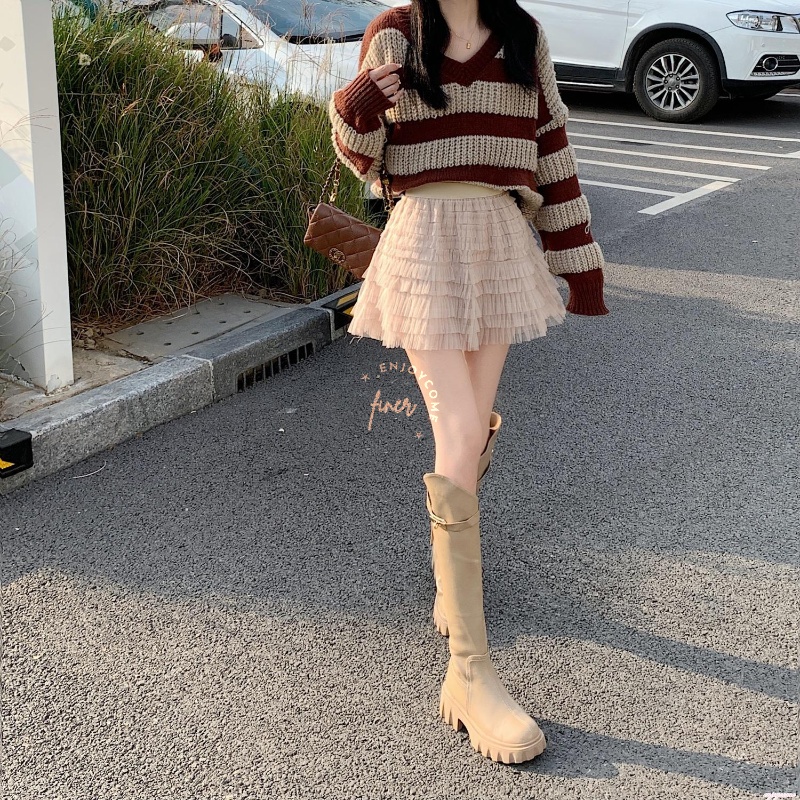 Chân váy nhung ngắn lưng cao dáng chữ a màu vàng đen thời trang thu đông cho nữ